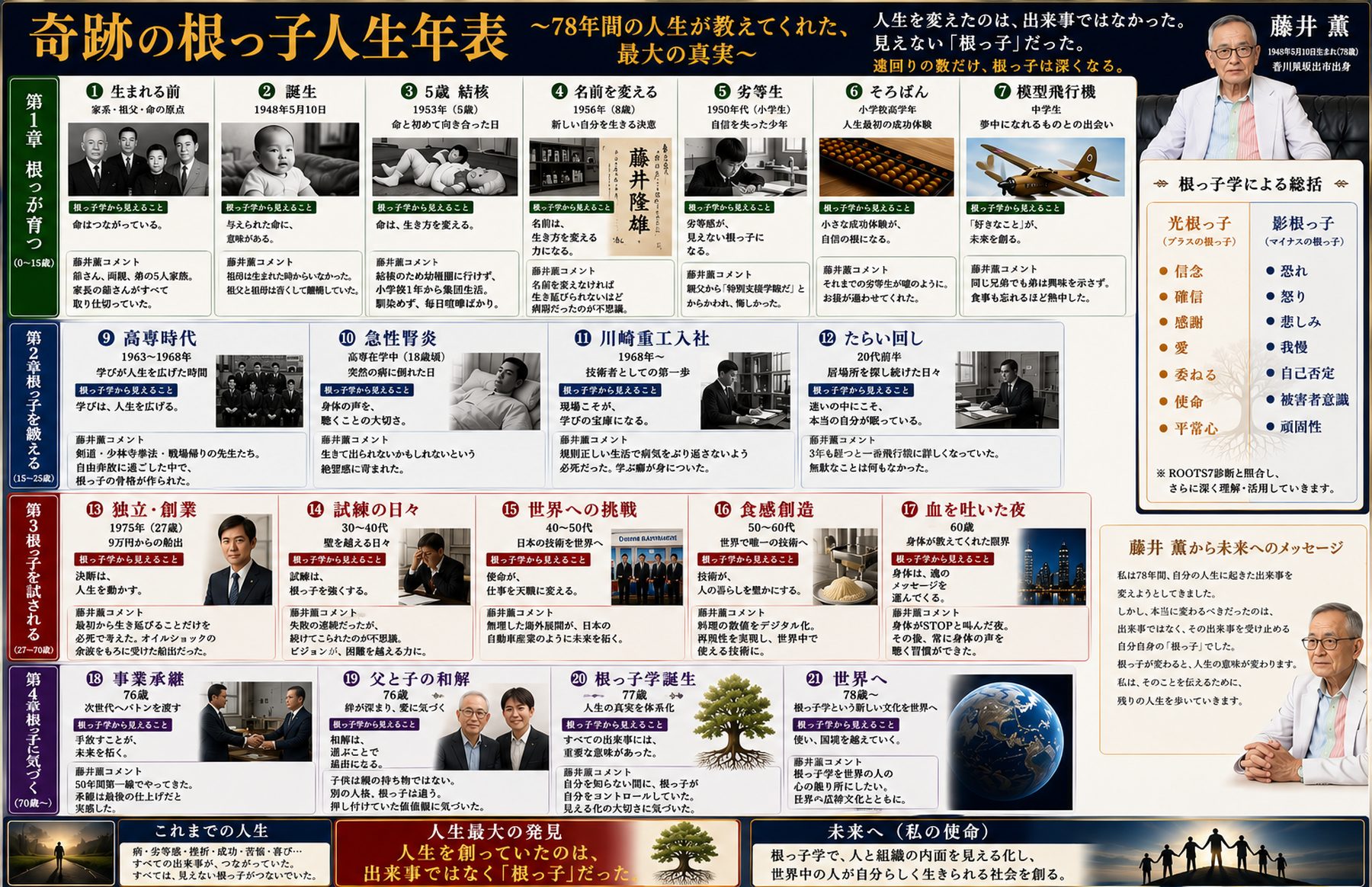 藤井薫の奇跡の根っ子人生年表。4つの章に分けて21の出来事が並び、それぞれに根っ子から見えることが書き添えられている。右側に光の根っ子と影の根っ子の総括。